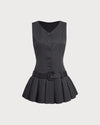 Black V-Neck Sleeveless Belted Mini Dress - Threadford