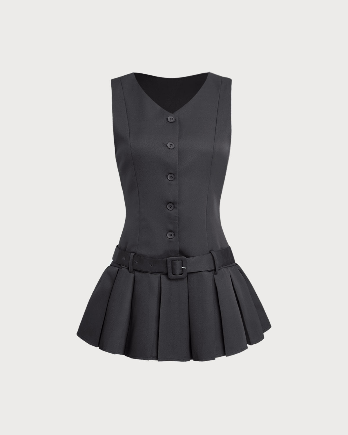 Black V-Neck Sleeveless Belted Mini Dress - Threadford