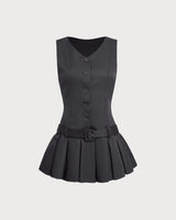 Black V-Neck Sleeveless Belted Mini Dress - Threadford