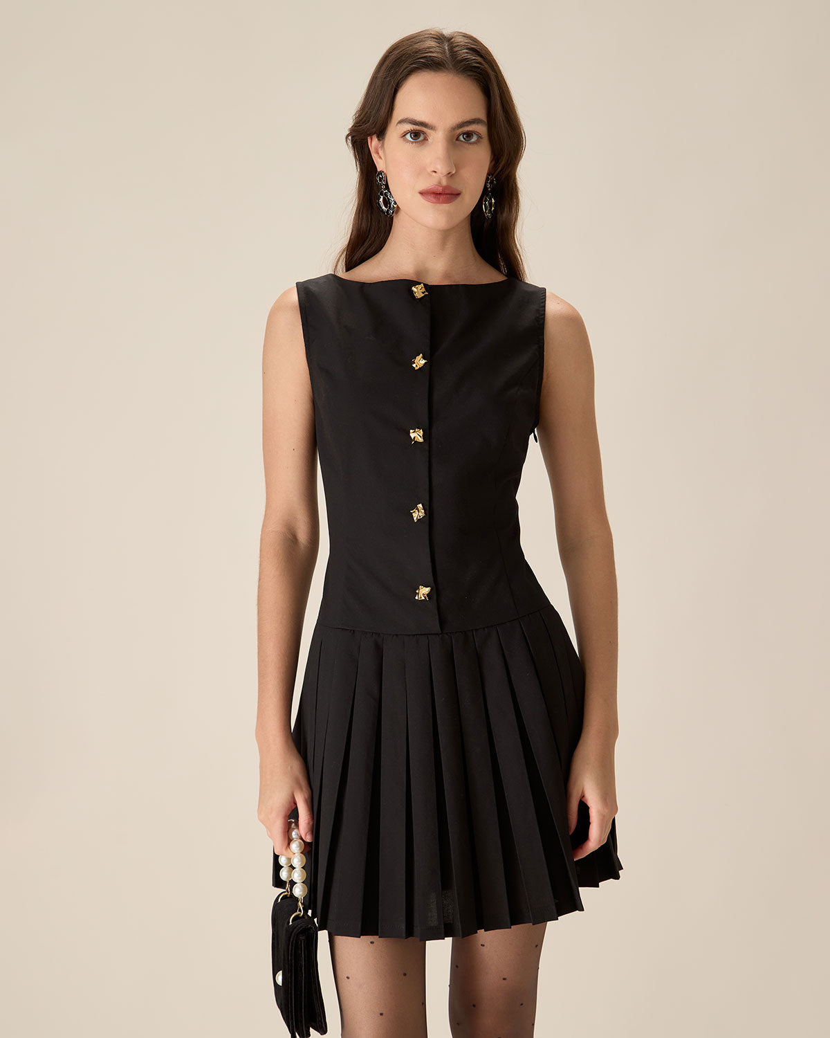 Black Boat Neck Pleated Mini Dress - Threadford