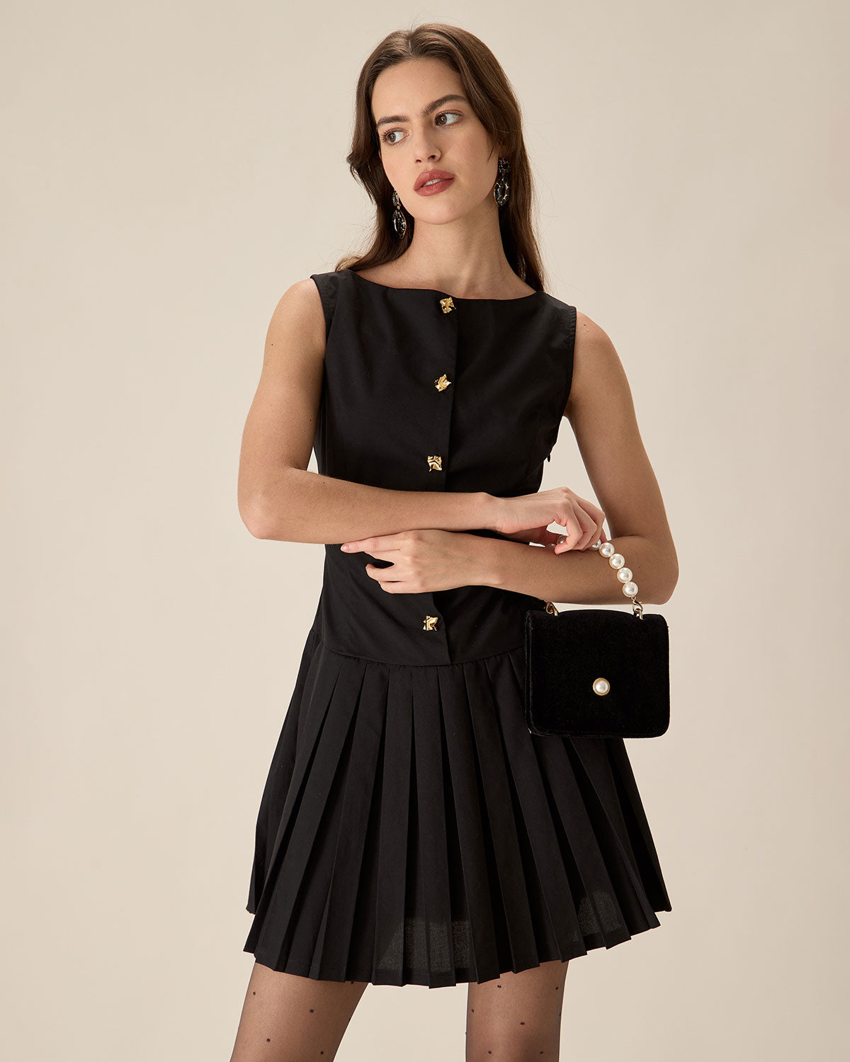 Black Boat Neck Pleated Mini Dress - Threadford