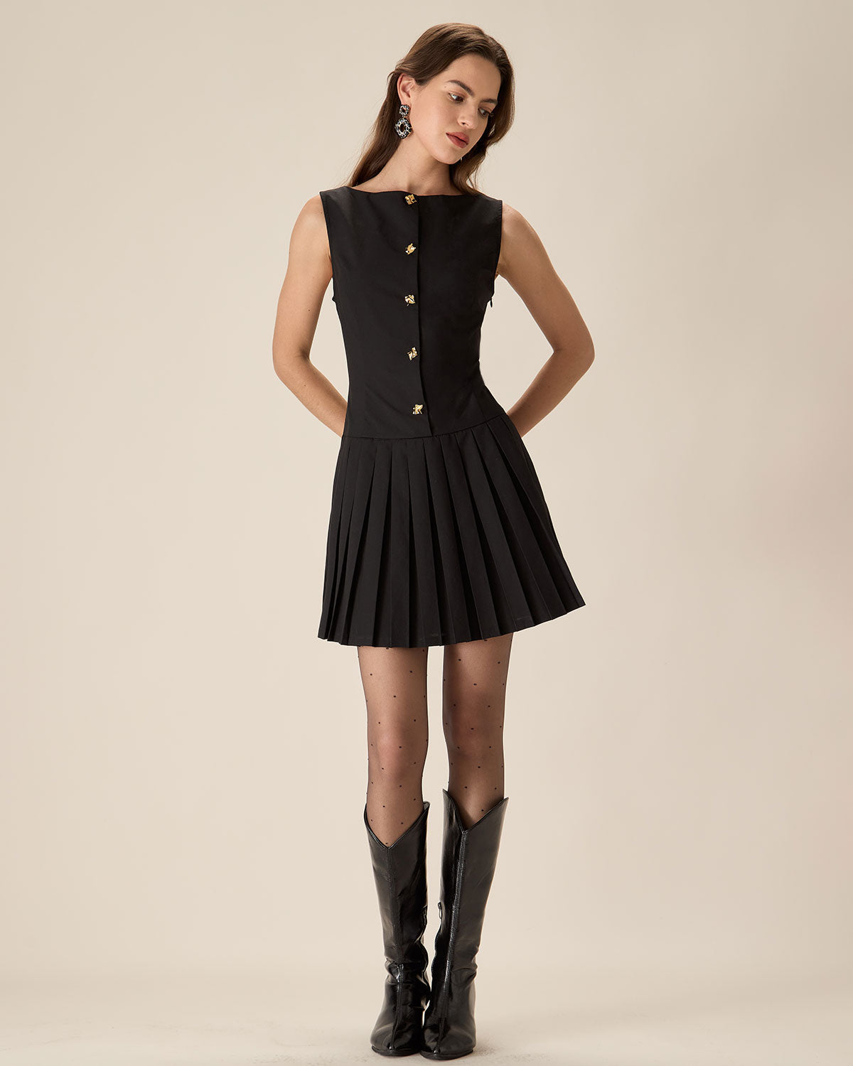 Black Boat Neck Pleated Mini Dress - Threadford