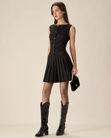 Black Boat Neck Pleated Mini Dress - Threadford
