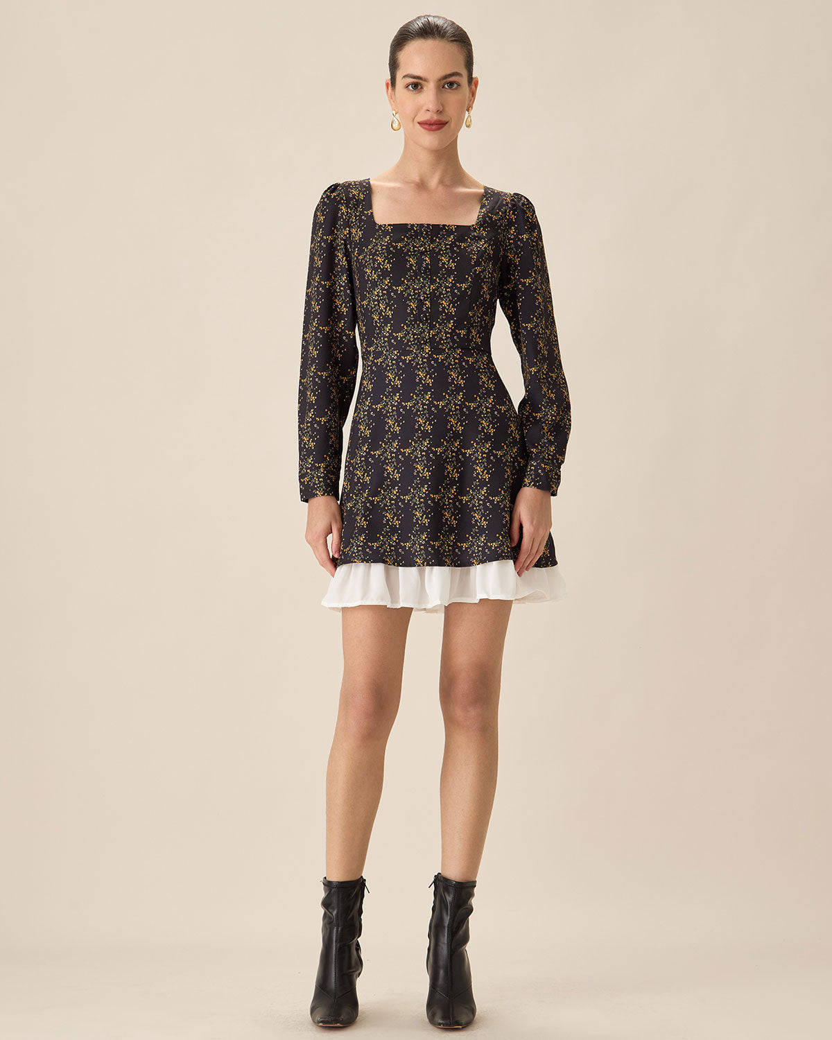 Black Contrasting Puffed Sleeve Mini Dress - Threadford
