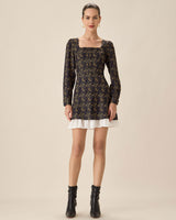 Black Contrasting Puffed Sleeve Mini Dress - Threadford