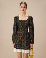 Black Contrasting Puffed Sleeve Mini Dress - Threadford