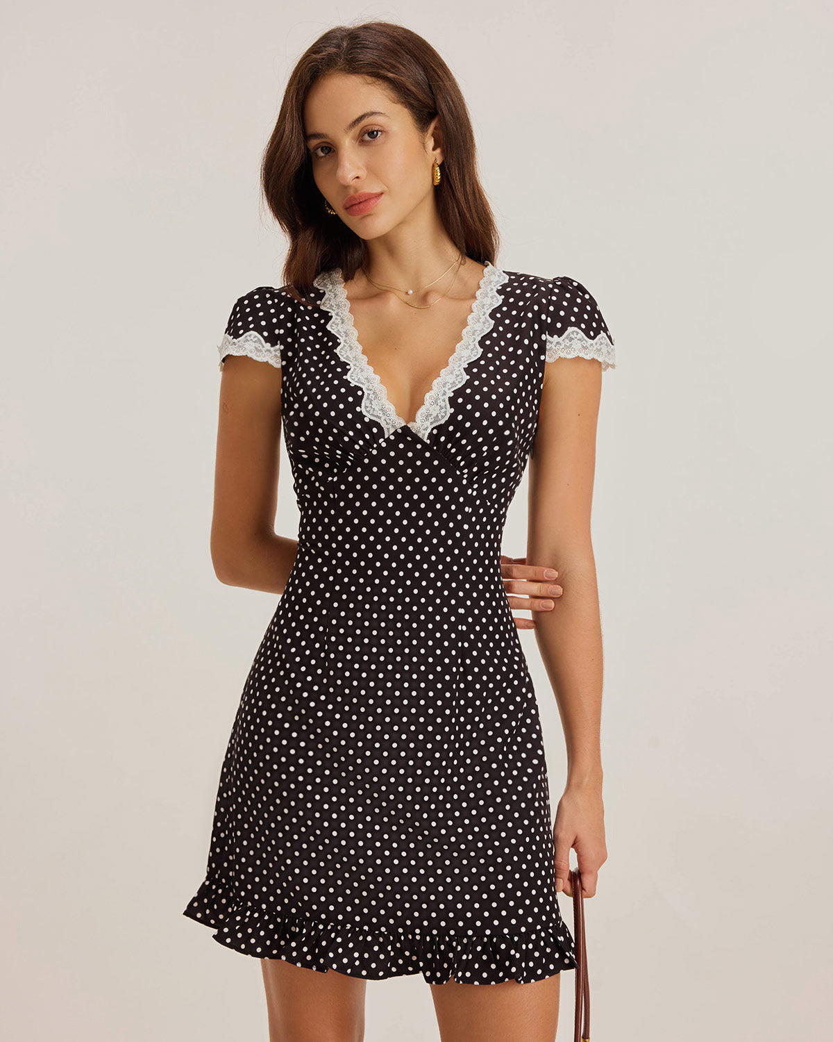 Black Polka Dot V-Neck Mini Dress - Threadford