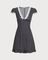 Black Polka Dot V-Neck Mini Dress - Threadford