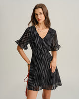 Black Polka Dot V Neck Ruffle Mini Dress - Threadford