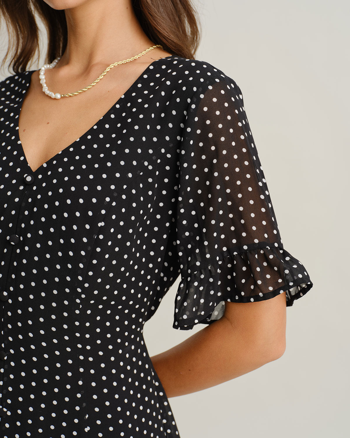 Black Polka Dot V Neck Ruffle Mini Dress - Threadford