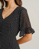 Black Polka Dot V Neck Ruffle Mini Dress - Threadford