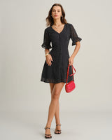 Black Polka Dot V Neck Ruffle Mini Dress - Threadford