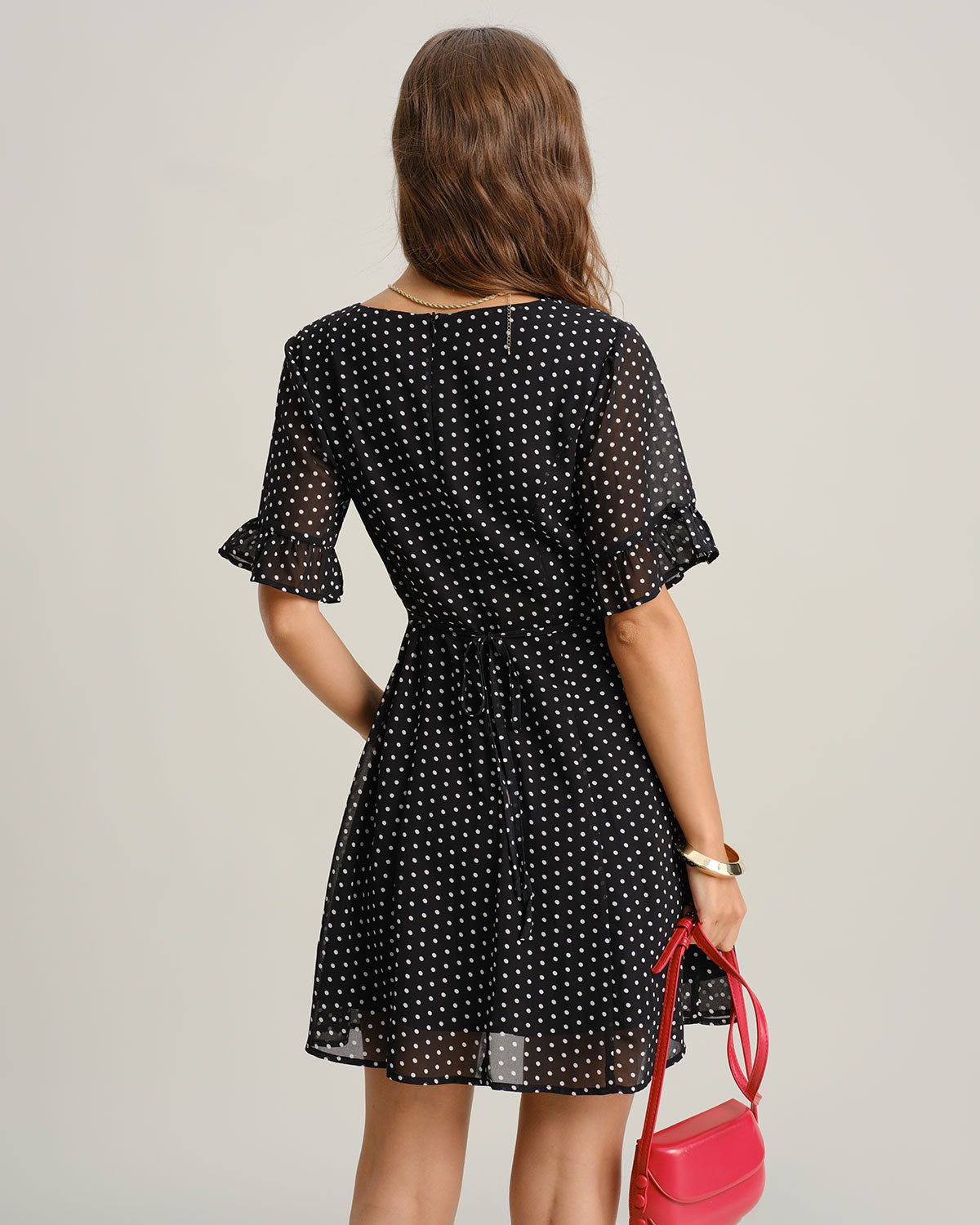 Black Polka Dot V Neck Ruffle Mini Dress - Threadford