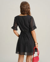 Black Polka Dot V Neck Ruffle Mini Dress - Threadford