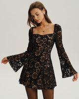 Black See Through Bell Sleeve Mini Dress - Threadford