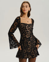 Black See Through Bell Sleeve Mini Dress - Threadford