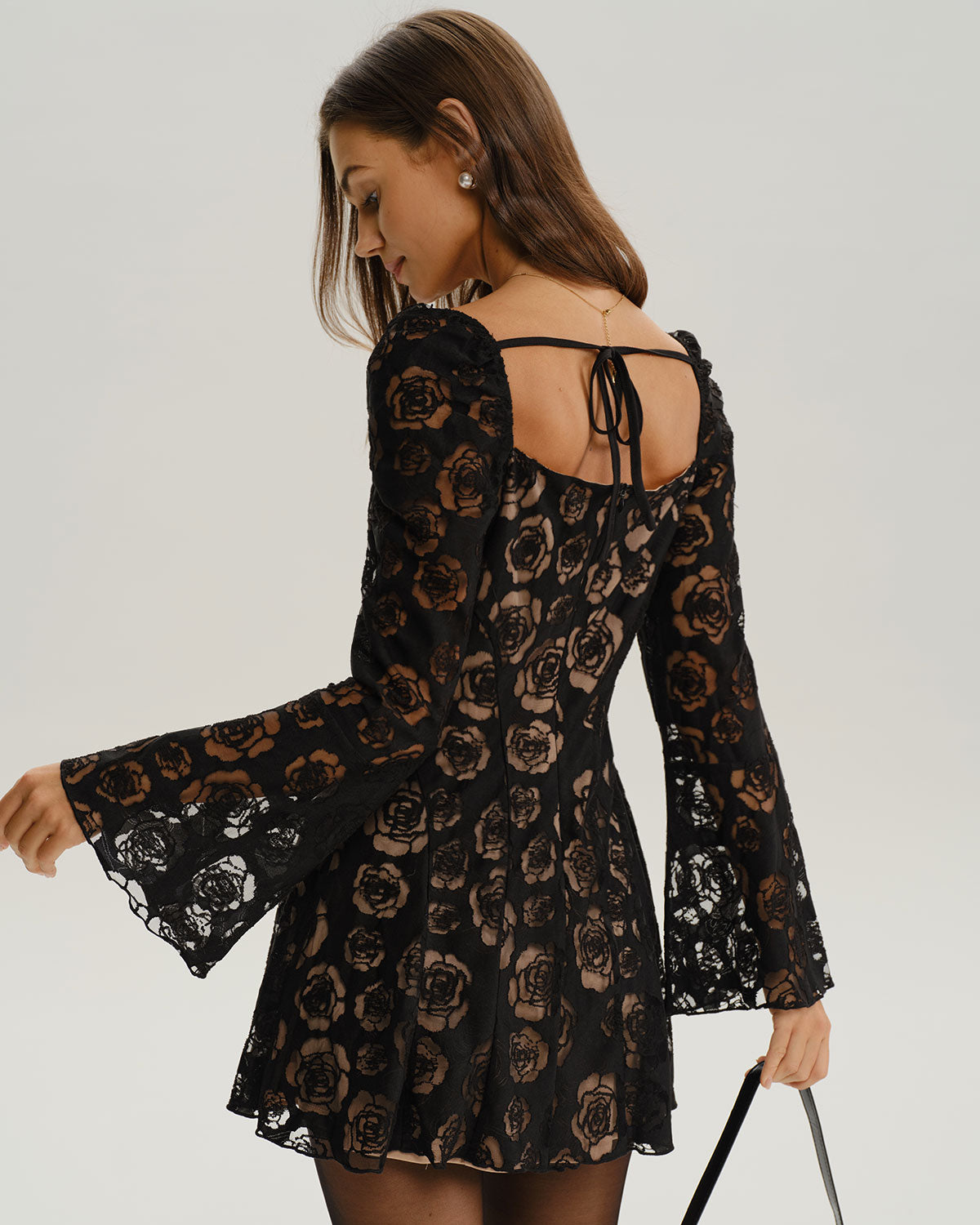 Black See Through Bell Sleeve Mini Dress - Threadford