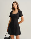 Black Square Neck Button Mini Dress - Threadford