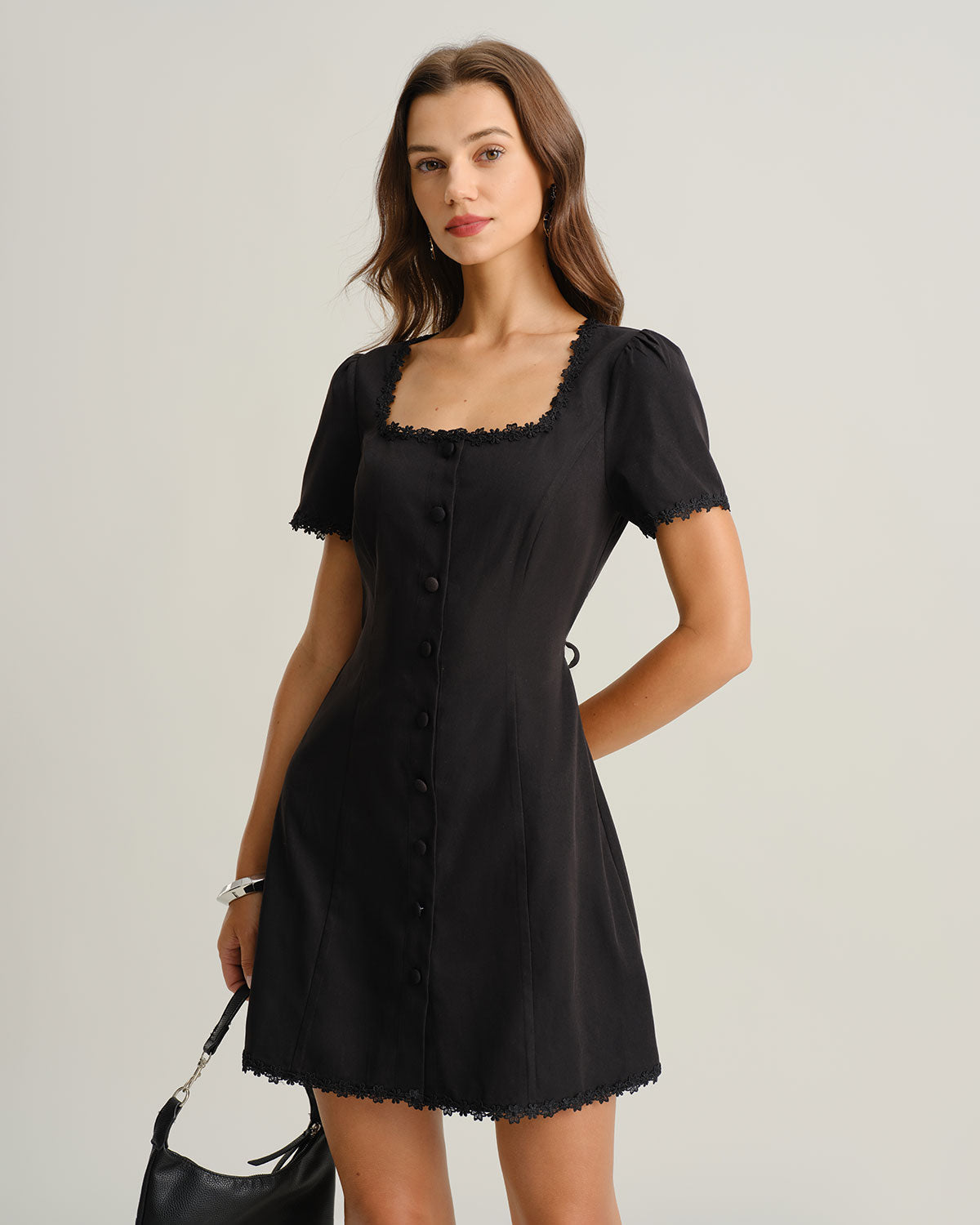 Black Square Neck Button Mini Dress - Threadford