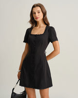 Black Square Neck Button Mini Dress - Threadford