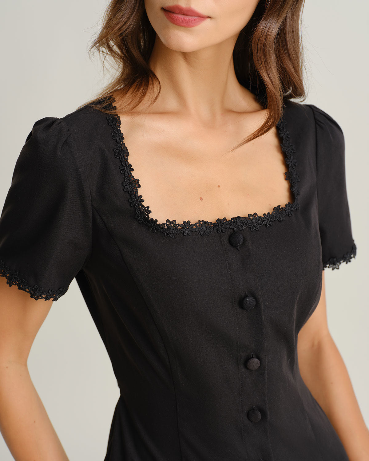 Black Square Neck Button Mini Dress - Threadford