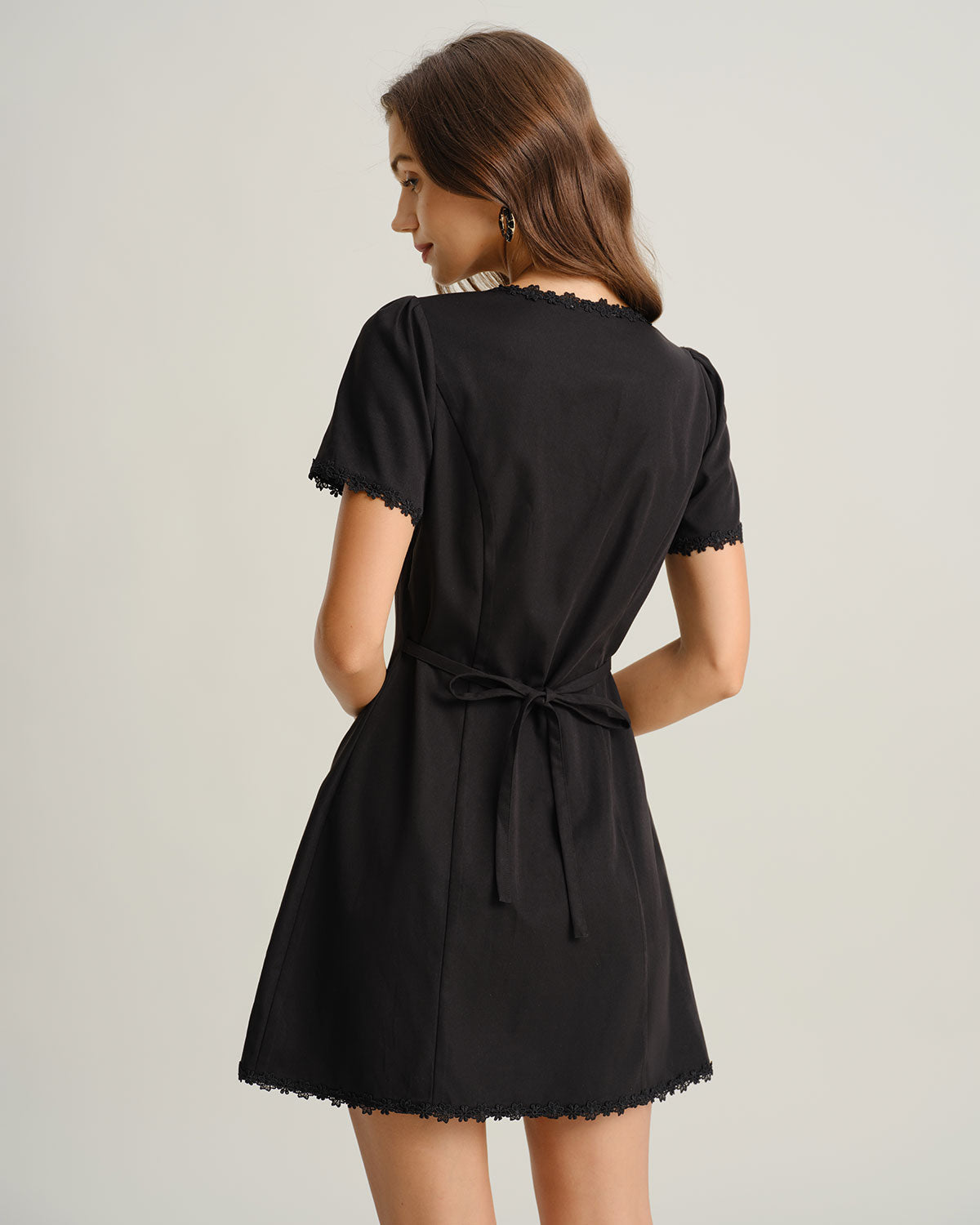 Black Square Neck Button Mini Dress - Threadford