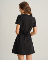 Black Square Neck Button Mini Dress - Threadford