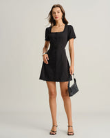 Black Square Neck Button Mini Dress - Threadford