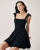 Black Square Neck Pleated Mini Dress - Threadford