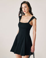 Black Square Neck Pleated Mini Dress - Threadford