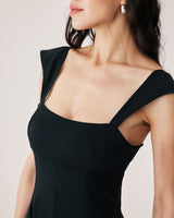 Black Square Neck Pleated Mini Dress - Threadford