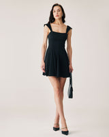 Black Square Neck Pleated Mini Dress - Threadford