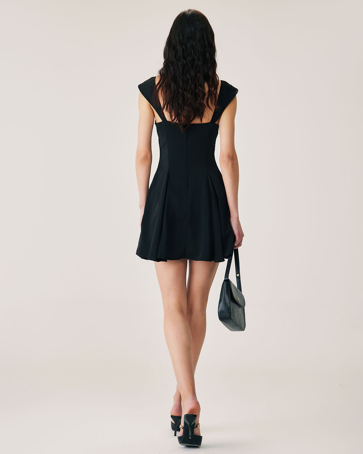 Black Square Neck Pleated Mini Dress - Threadford
