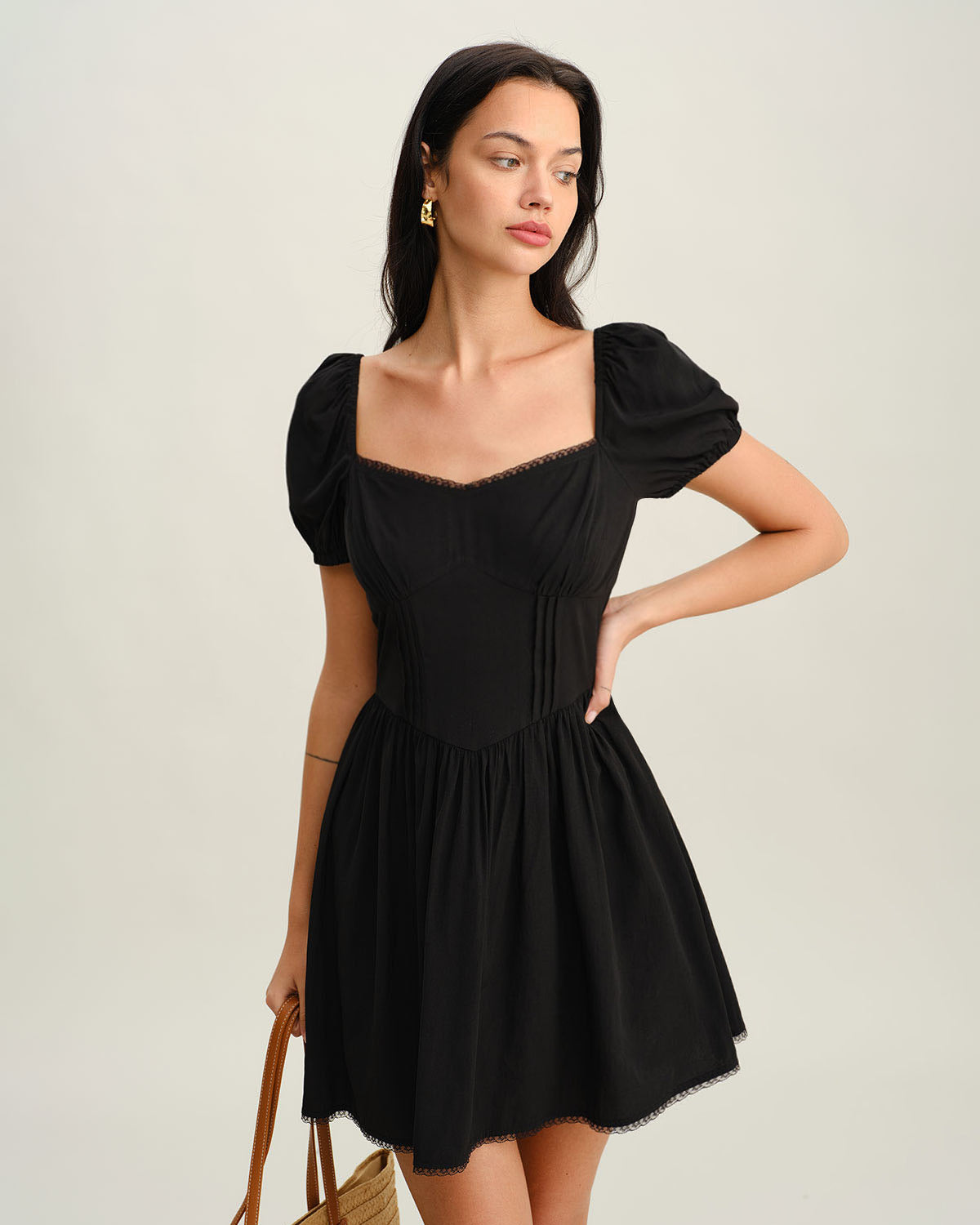 Black Sweetheart Neck Puffed Sleeve Mini Dress - Threadford