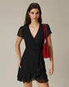 Black V Neck Chiffon Mini Dress - Threadford
