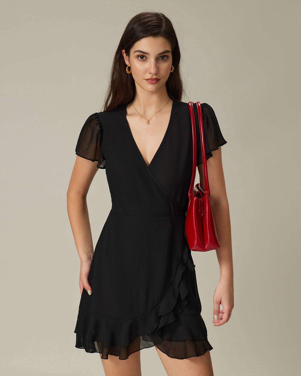 Black V Neck Chiffon Mini Dress - Threadford