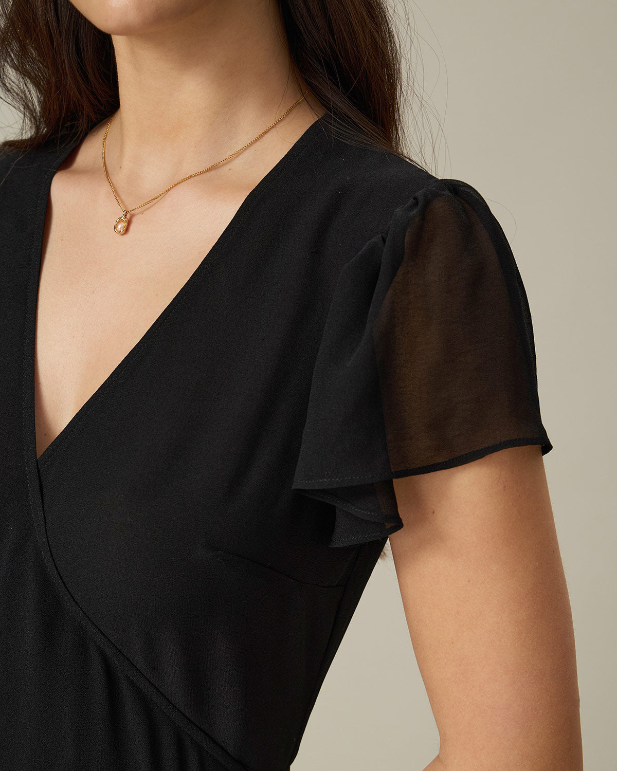 Black V Neck Chiffon Mini Dress - Threadford