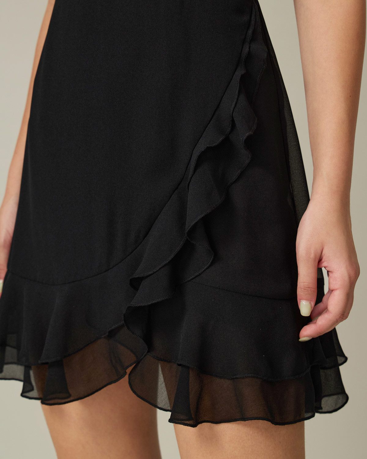 Black V Neck Chiffon Mini Dress - Threadford