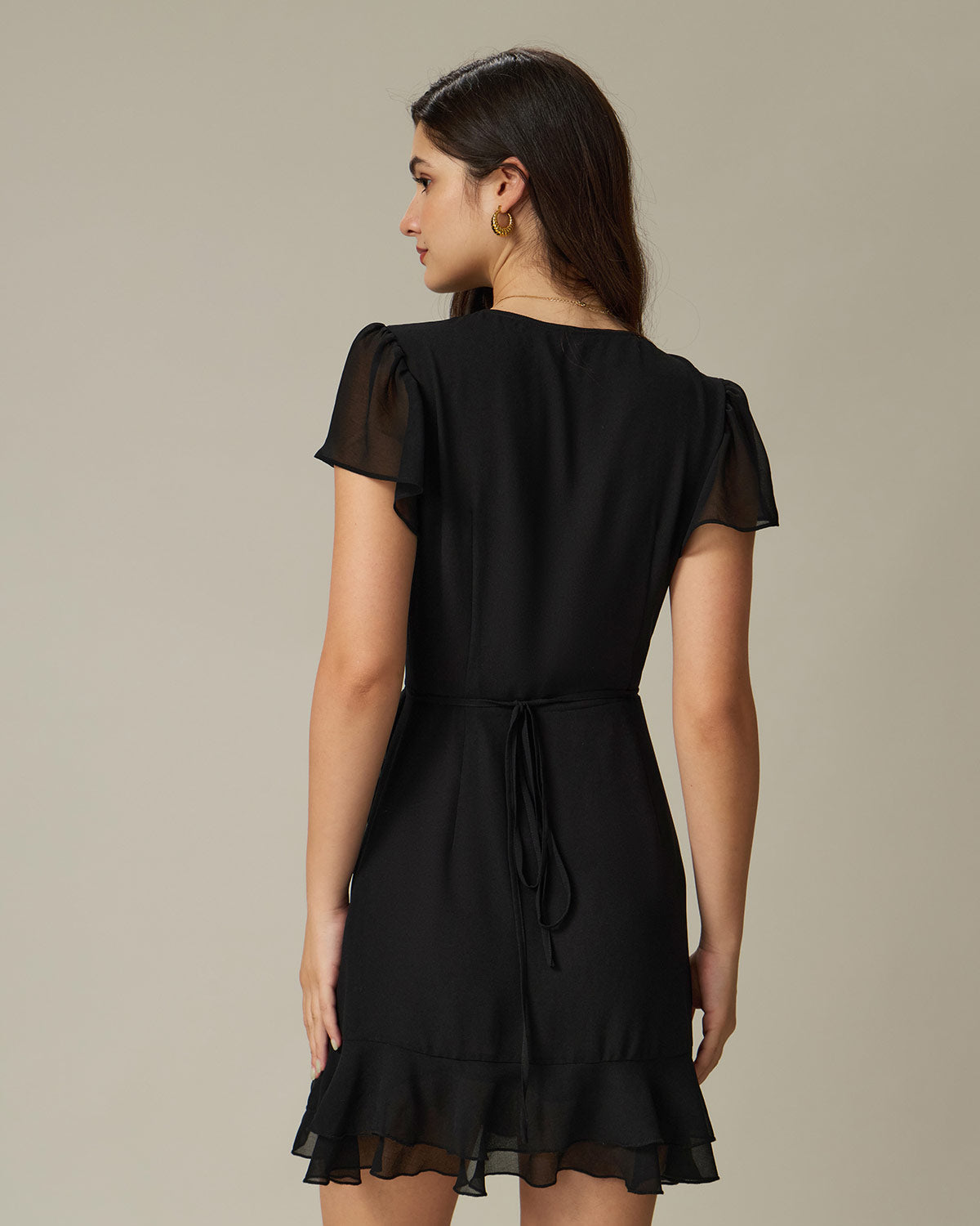 Black V Neck Chiffon Mini Dress - Threadford