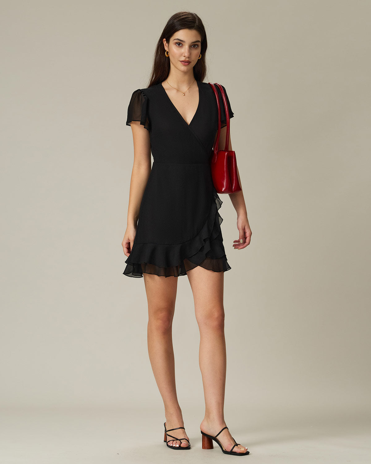 Black V Neck Chiffon Mini Dress - Threadford