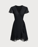 Black V Neck Chiffon Mini Dress - Threadford
