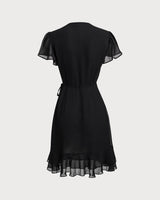 Black V Neck Chiffon Mini Dress - Threadford
