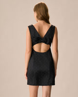 The Black Boat Neck Bowknot Satin Mini Dress - Threadford