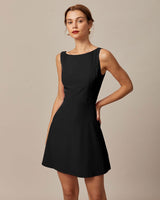 The Black Boat Neck High Waisted Mini Dress - Threadford