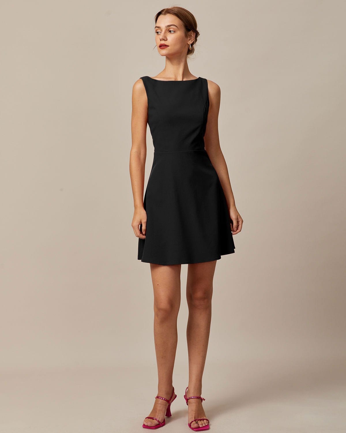 The Black Boat Neck High Waisted Mini Dress - Threadford