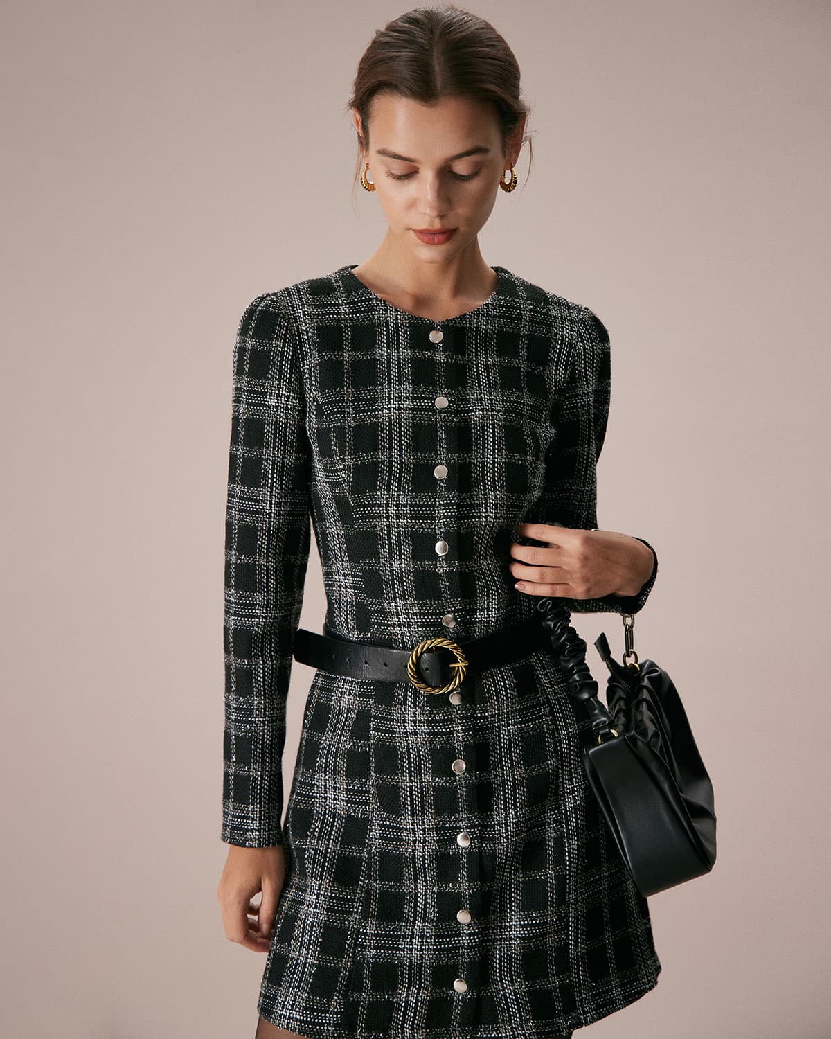 The Black Crew Neck Plaid A-Line Mini Dress - Threadford