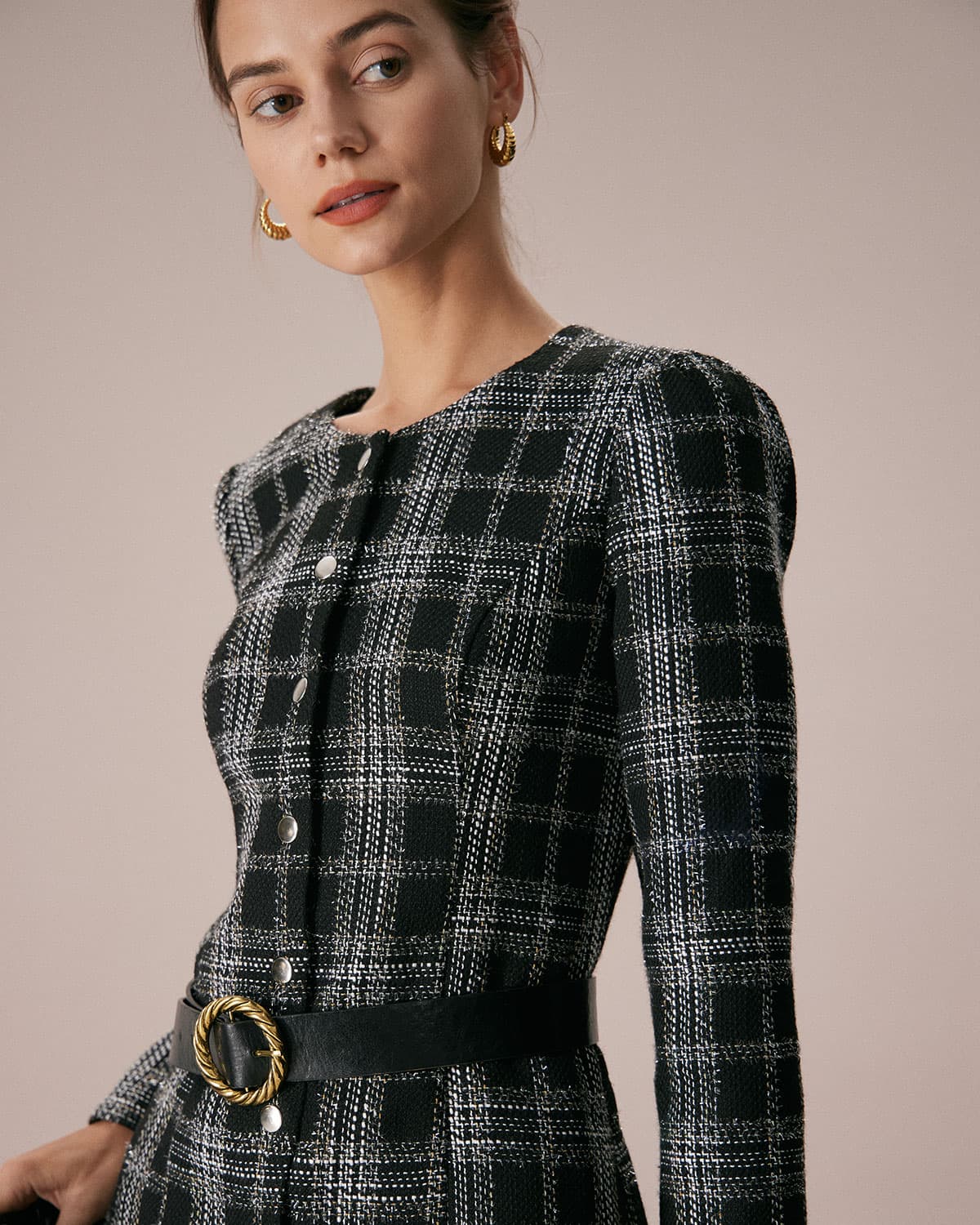 The Black Crew Neck Plaid A-Line Mini Dress - Threadford