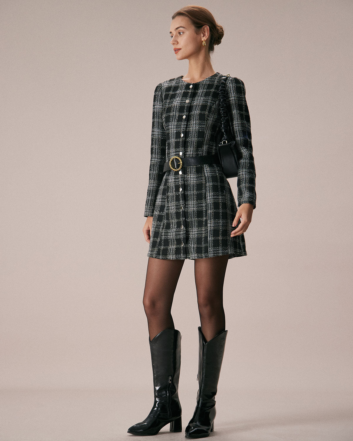 The Black Crew Neck Plaid A-Line Mini Dress - Threadford