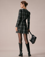 The Black Crew Neck Plaid A-Line Mini Dress - Threadford