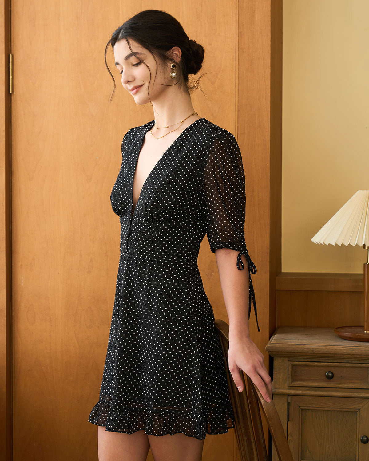The Black Deep V Neck Polka Dot Mini Dress - Threadford